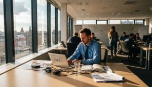 Ein Mann prüft im Büro seine digitale Backlink-Strategie.