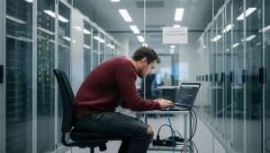 Ein SEO-Experte prüft die technische Serverkonfiguration, um optimale Voraussetzungen für Suchmaschinen zu schaffen.