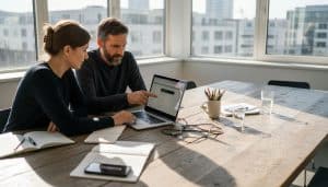 Ein Team arbeitet gemeinsam im Büro an der Entwicklung eines Website-Baukastens.