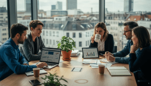 Ein Team entwickelt gemeinsam eine digitale Strategie in einem modernen Büro mitten in der Stadt.