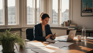 Eine Frau überprüft im Büro eine Website auf ihrem Smartphone.