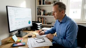 Ein SEO-Manager überprüft die Website-Daten und arbeitet im Analysebereich.