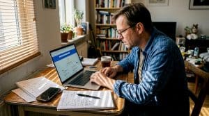 Ein Mann sitzt am Wohnzimmertisch und prüft die Ladegeschwindigkeit seiner Website.