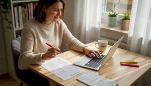 Eine Frau sitzt an ihrem Schreibtisch im Homeoffice und liest aufmerksam einen Text durch.